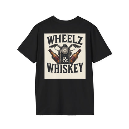 Wheelz & Whiskey Unisex Softstyle T-Shirt, Biker Tee, Casual Wear, Gift for Motorcyclists, Adventure Apparel