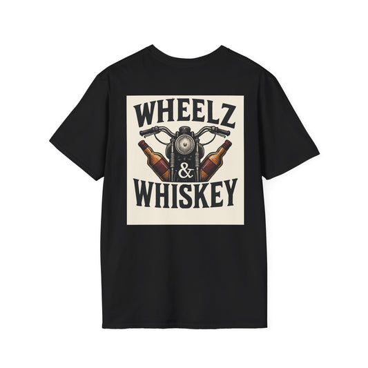 Wheelz & Whiskey Unisex Softstyle T-Shirt, Biker Tee, Casual Wear, Gift for Motorcyclists, Adventure Apparel